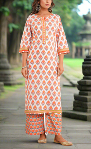 White/Orange Floral Jaipur Cotton Kurti With Pant And Dupatta Set. Pure Versatile Cotton. | Laces and Frills