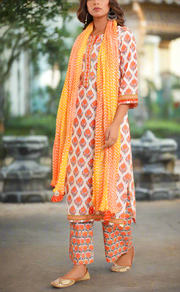 White/Orange Floral Jaipur Cotton Kurti With Pant And Dupatta Set. Pure Versatile Cotton. | Laces and Frills
