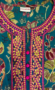 Teal Green Garden Jaipur Cotton Kurti With Pant And Dupatta Set. Pure Versatile Cotton. | Laces and Frills