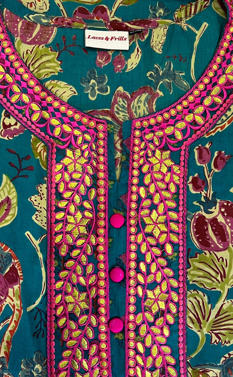 Teal Green Garden Jaipur Cotton Kurti With Pant And Dupatta Set. Pure Versatile Cotton. | Laces and Frills