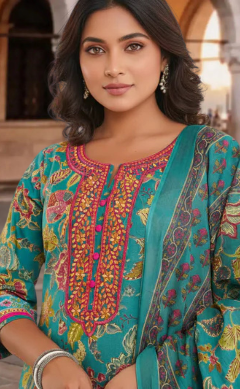 Teal Green Garden Jaipur Cotton Kurti With Pant And Dupatta Set. Pure Versatile Cotton. | Laces and Frills - Laces and Frills