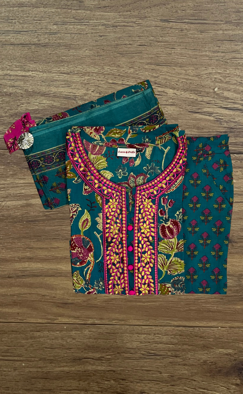 Teal Green Garden Jaipur Cotton Kurti With Pant And Dupatta Set. Pure Versatile Cotton. | Laces and Frills