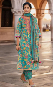 Teal Green Garden Jaipur Cotton Kurti With Pant And Dupatta Set. Pure Versatile Cotton. | Laces and Frills - Laces and Frills
