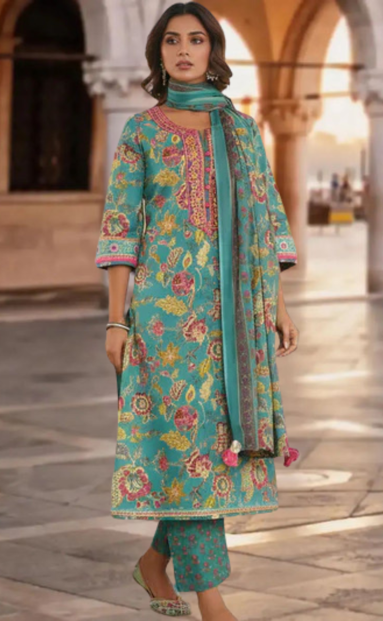 Teal Green Garden Jaipur Cotton Kurti With Pant And Dupatta Set. Pure Versatile Cotton. | Laces and Frills - Laces and Frills