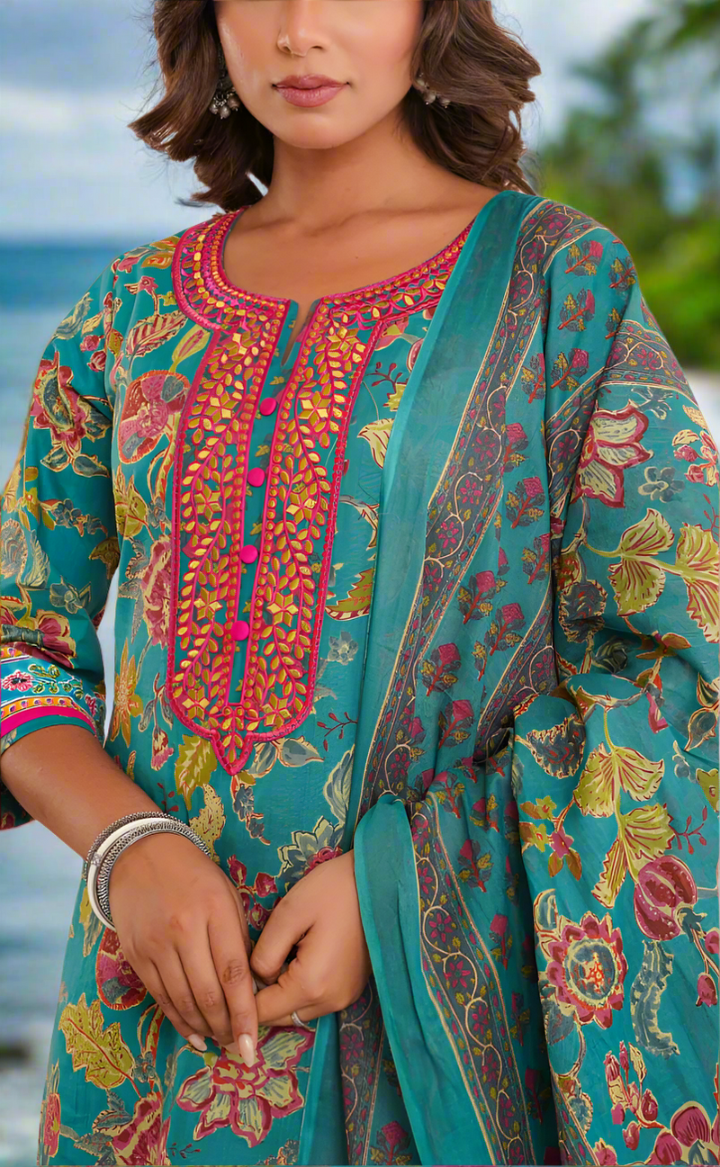Teal Green Garden Jaipur Cotton Kurti With Pant And Dupatta Set. Pure Versatile Cotton. | Laces and Frills