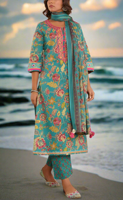 Teal Green Garden Jaipur Cotton Kurti With Pant And Dupatta Set. Pure Versatile Cotton. | Laces and Frills