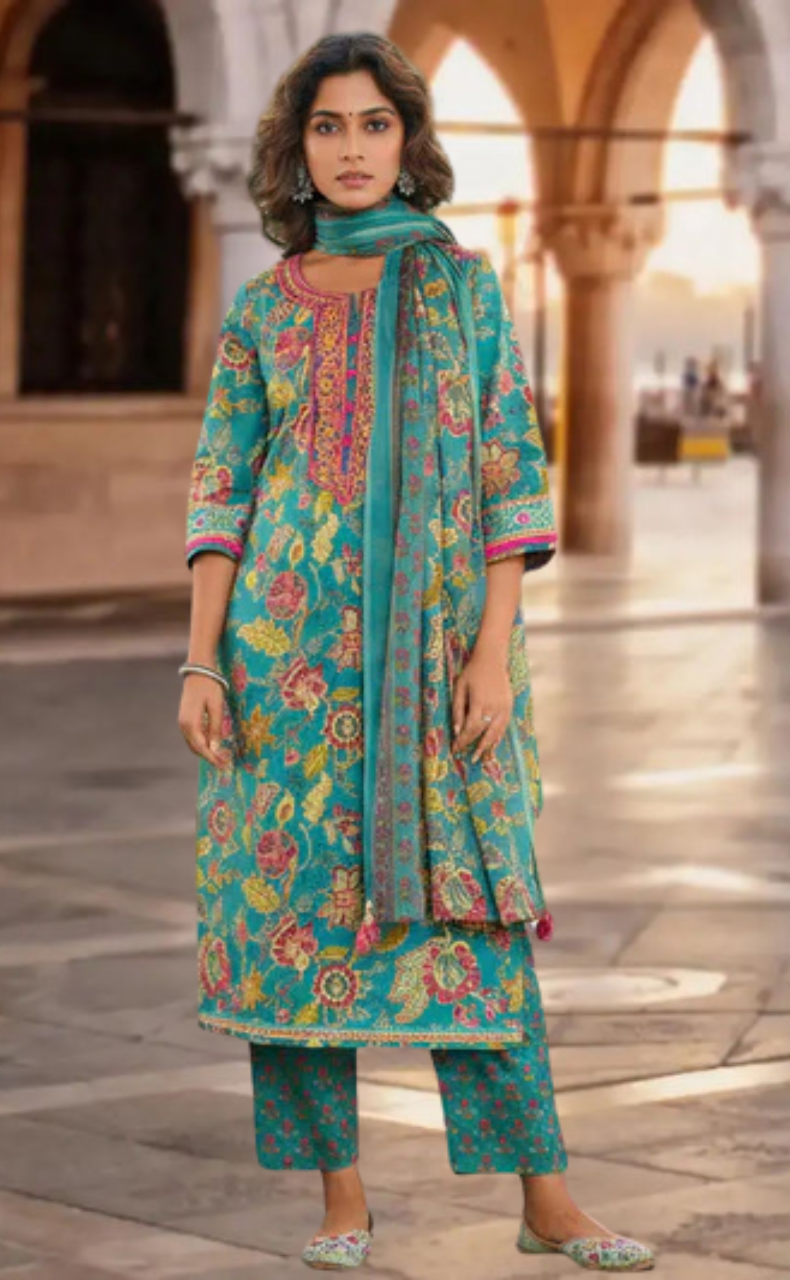 Teal Green Garden Jaipur Cotton Kurti With Pant And Dupatta Set. Pure Versatile Cotton. | Laces and Frills - Laces and Frills