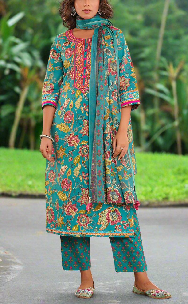 Teal Green Garden Jaipur Cotton Kurti With Pant And Dupatta Set. Pure Versatile Cotton. | Laces and Frills