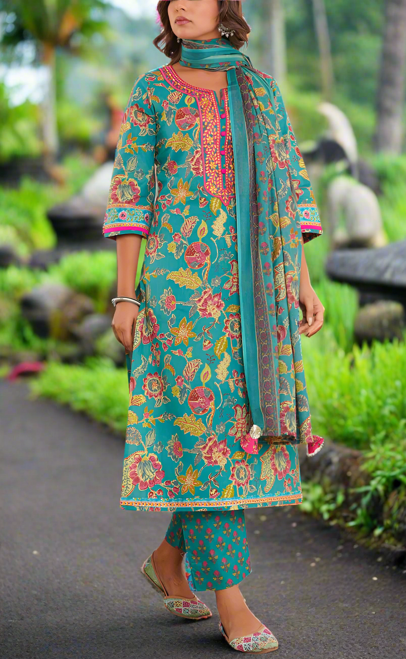 Teal Green Garden Jaipur Cotton Kurti With Pant And Dupatta Set. Pure Versatile Cotton. | Laces and Frills