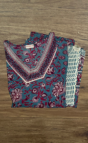Teal Blue Garden Jaipur Cotton Kurti With Pant And Dupatta Set. Pure Versatile Cotton. | Laces and Frills