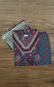 Teal Blue Garden Jaipur Cotton Kurti With Pant And Dupatta Set. Pure Versatile Cotton. | Laces and Frills