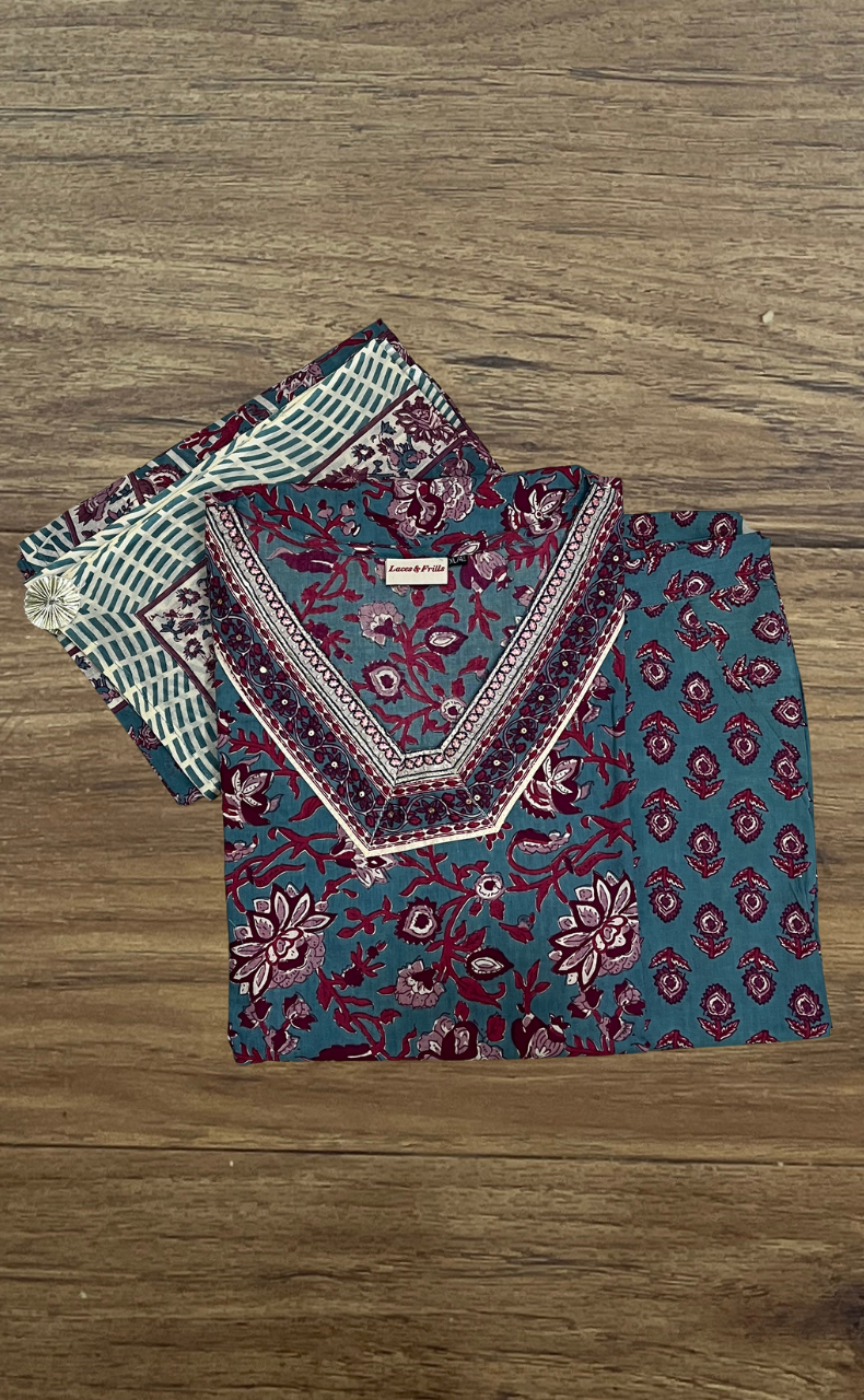 Teal Blue Garden Jaipur Cotton Kurti With Pant And Dupatta Set. Pure Versatile Cotton. | Laces and Frills