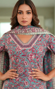 Teal Blue Garden Jaipur Cotton Kurti With Pant And Dupatta Set. Pure Versatile Cotton. | Laces and Frills - Laces and Frills