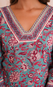 Teal Blue Garden Jaipur Cotton Kurti With Pant And Dupatta Set. Pure Versatile Cotton. | Laces and Frills