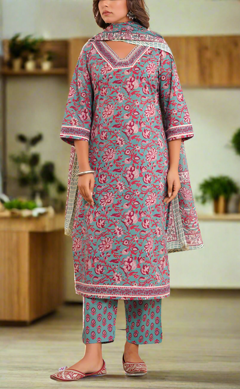 Teal Blue Garden Jaipur Cotton Kurti With Pant And Dupatta Set. Pure Versatile Cotton. | Laces and Frills