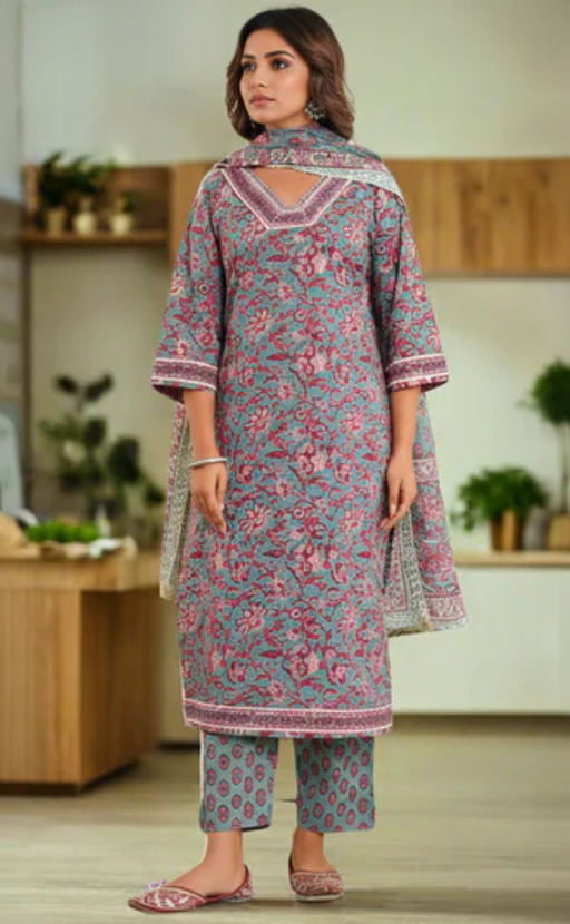 Teal Blue Garden Jaipur Cotton Kurti With Pant And Dupatta Set. Pure Versatile Cotton. | Laces and Frills - Laces and Frills