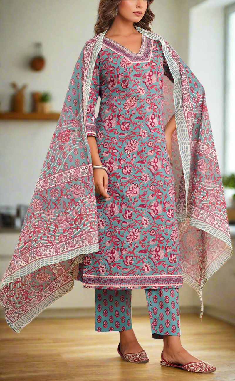 Teal Blue Garden Jaipur Cotton Kurti With Pant And Dupatta Set. Pure Versatile Cotton. | Laces and Frills