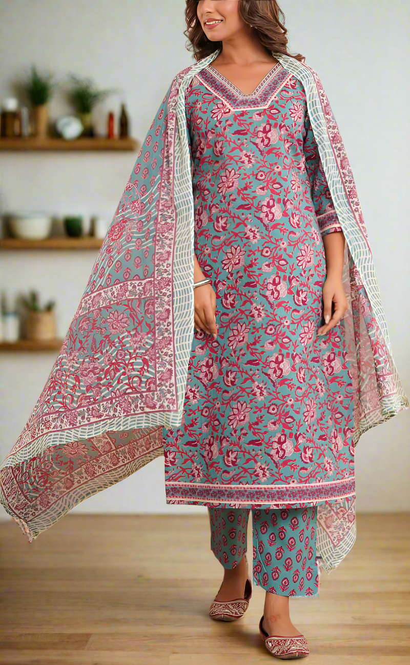 Teal Blue Garden Jaipur Cotton Kurti With Pant And Dupatta Set. Pure Versatile Cotton. | Laces and Frills