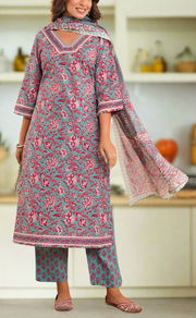 Teal Blue Garden Jaipur Cotton Kurti With Pant And Dupatta Set. Pure Versatile Cotton. | Laces and Frills