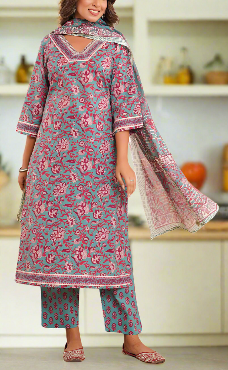 Teal Blue Garden Jaipur Cotton Kurti With Pant And Dupatta Set. Pure Versatile Cotton. | Laces and Frills