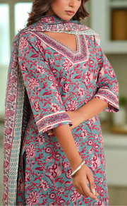 Teal Blue Garden Jaipur Cotton Kurti With Pant And Dupatta Set. Pure Versatile Cotton. | Laces and Frills