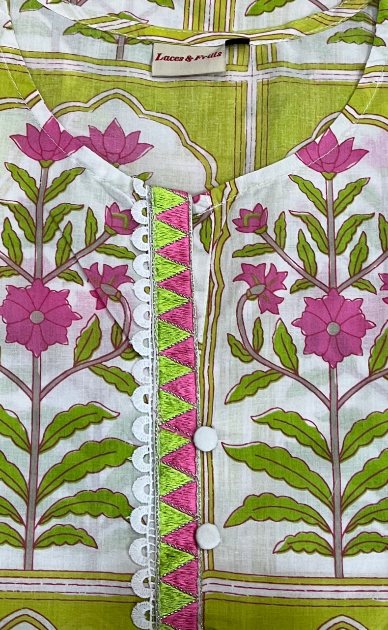 Off White/Green/Pink Floral Jaipur Cotton Kurti With Pant And Dupatta Set. Pure Versatile Cotton. | Laces and Frills