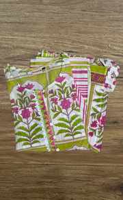 Off White/Green/Pink Floral Jaipur Cotton Kurti With Pant And Dupatta Set. Pure Versatile Cotton. | Laces and Frills