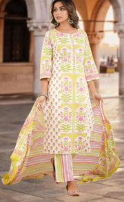 Off White/Green/Pink Floral Jaipur Cotton Kurti With Pant And Dupatta Set. Pure Versatile Cotton. | Laces and Frills - Laces and Frills