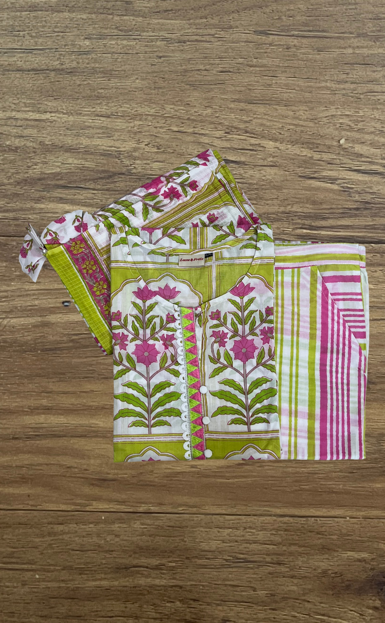 Off White/Green/Pink Floral Jaipur Cotton Kurti With Pant And Dupatta Set. Pure Versatile Cotton. | Laces and Frills
