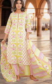 Off White/Green/Pink Floral Jaipur Cotton Kurti With Pant And Dupatta Set. Pure Versatile Cotton. | Laces and Frills - Laces and Frills