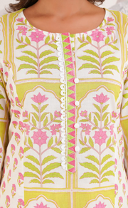 Off White/Green/Pink Floral Jaipur Cotton Kurti With Pant And Dupatta Set. Pure Versatile Cotton. | Laces and Frills