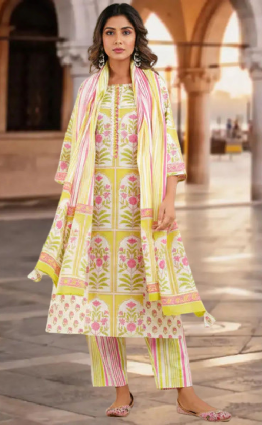 Off White/Green/Pink Floral Jaipur Cotton Kurti With Pant And Dupatta Set. Pure Versatile Cotton. | Laces and Frills - Laces and Frills