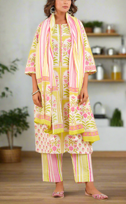 Off White/Green/Pink Floral Jaipur Cotton Kurti With Pant And Dupatta Set. Pure Versatile Cotton. | Laces and Frills
