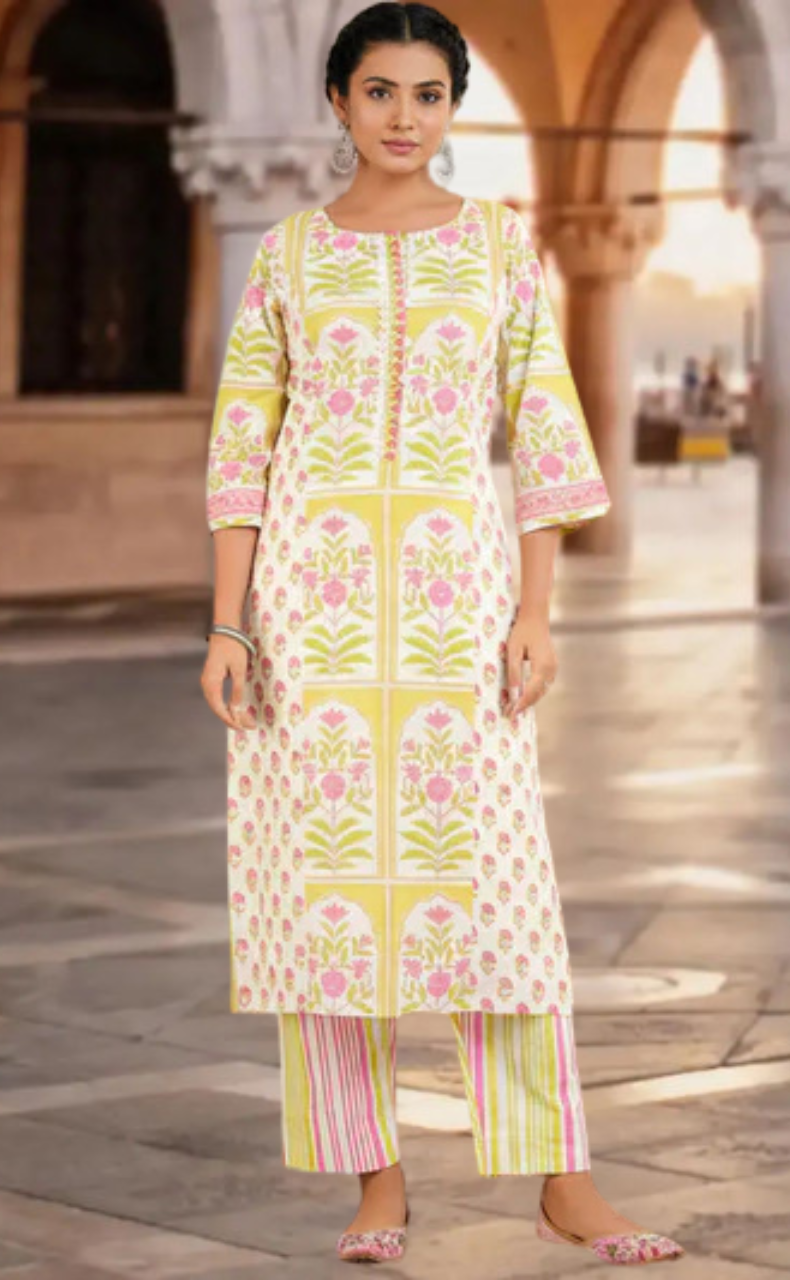 Off White/Green/Pink Floral Jaipur Cotton Kurti With Pant And Dupatta Set. Pure Versatile Cotton. | Laces and Frills - Laces and Frills