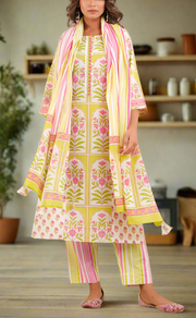 Off White/Green/Pink Floral Jaipur Cotton Kurti With Pant And Dupatta Set. Pure Versatile Cotton. | Laces and Frills