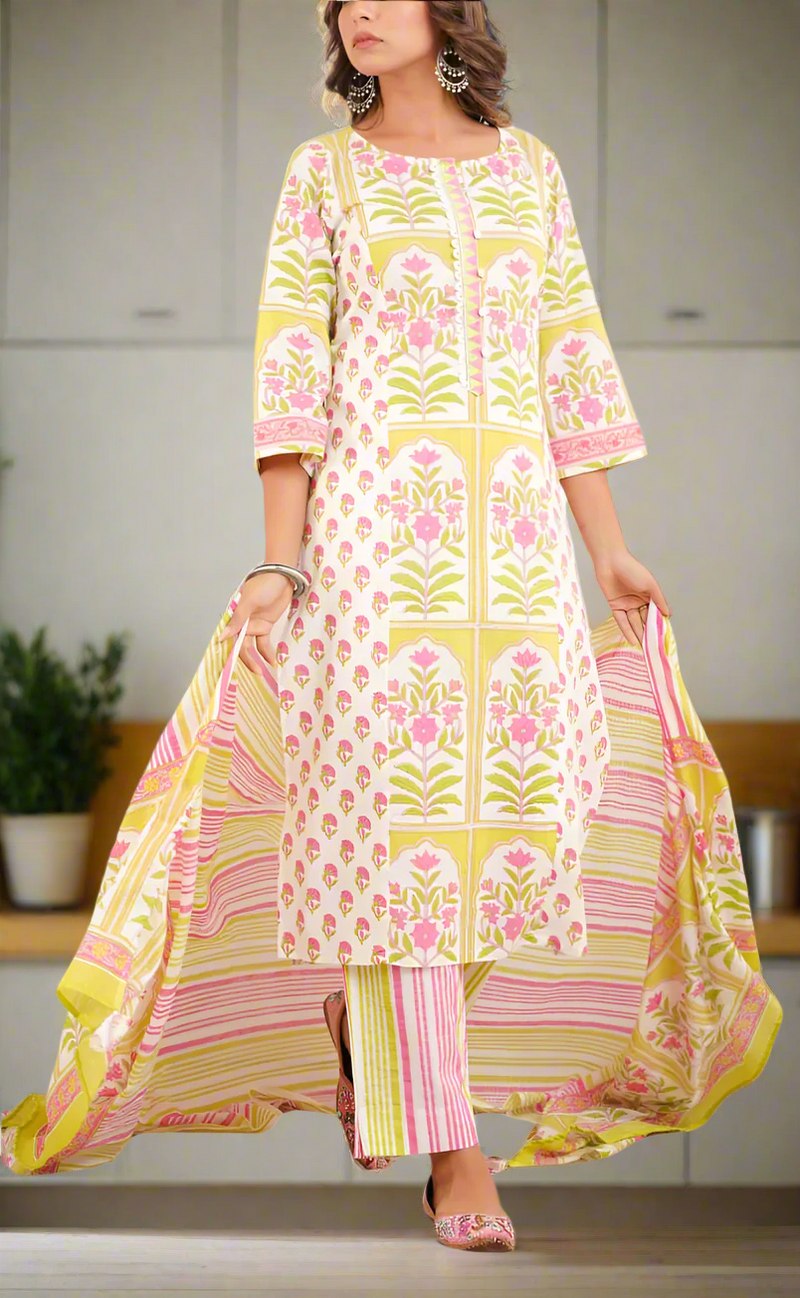 Off White/Green/Pink Floral Jaipur Cotton Kurti With Pant And Dupatta Set. Pure Versatile Cotton. | Laces and Frills