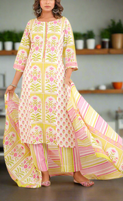 Off White/Green/Pink Floral Jaipur Cotton Kurti With Pant And Dupatta Set. Pure Versatile Cotton. | Laces and Frills