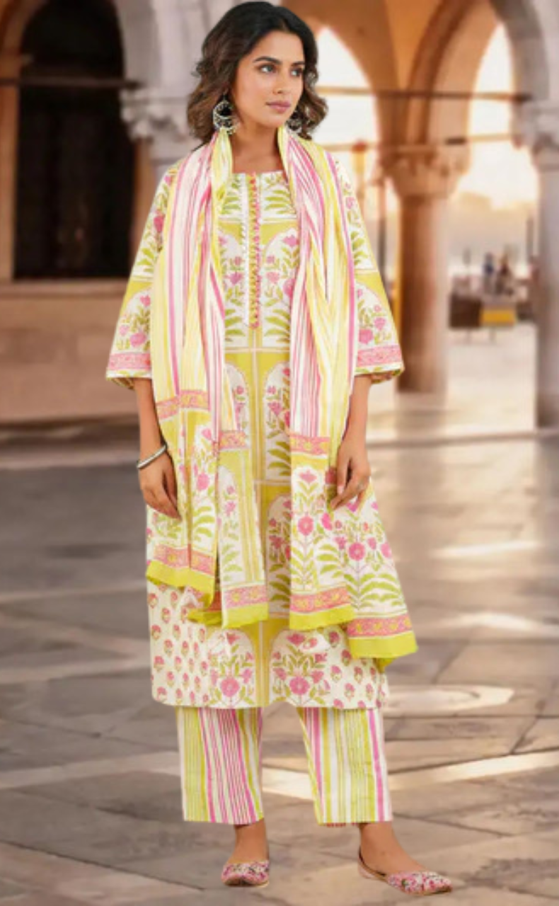 Off White/Green/Pink Floral Jaipur Cotton Kurti With Pant And Dupatta Set. Pure Versatile Cotton. | Laces and Frills - Laces and Frills