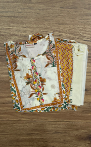 Off White/Mustard Floral Jaipur Cotton Kurti With Pant And Dupatta Set. Pure Versatile Cotton. | Laces and Frills
