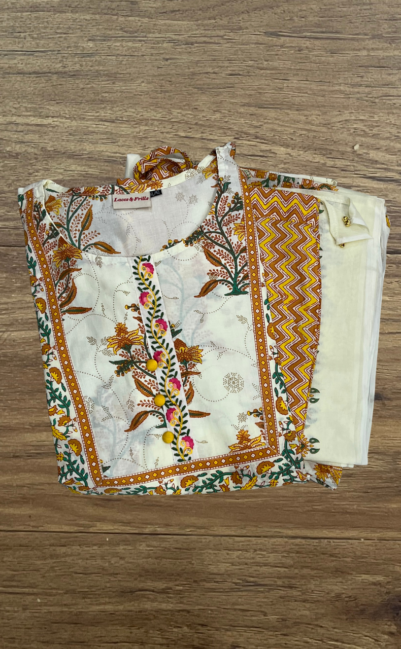 Off White/Mustard Floral Jaipur Cotton Kurti With Pant And Dupatta Set. Pure Versatile Cotton. | Laces and Frills