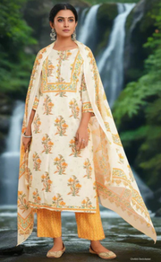 Off White/Mustard Floral Jaipur Cotton Kurti With Pant And Dupatta Set. Pure Versatile Cotton. | Laces and Frills - Laces and Frills