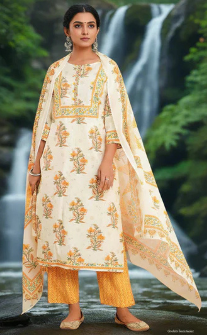 Off White/Mustard Floral Jaipur Cotton Kurti With Pant And Dupatta Set. Pure Versatile Cotton. | Laces and Frills - Laces and Frills