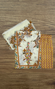 Off White/Mustard Floral Jaipur Cotton Kurti With Pant And Dupatta Set. Pure Versatile Cotton. | Laces and Frills
