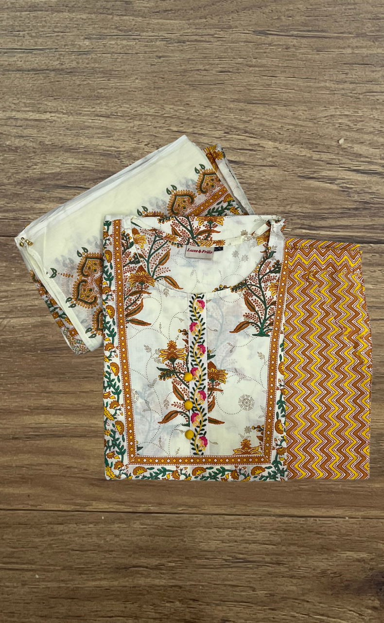 Off White/Mustard Floral Jaipur Cotton Kurti With Pant And Dupatta Set. Pure Versatile Cotton. | Laces and Frills
