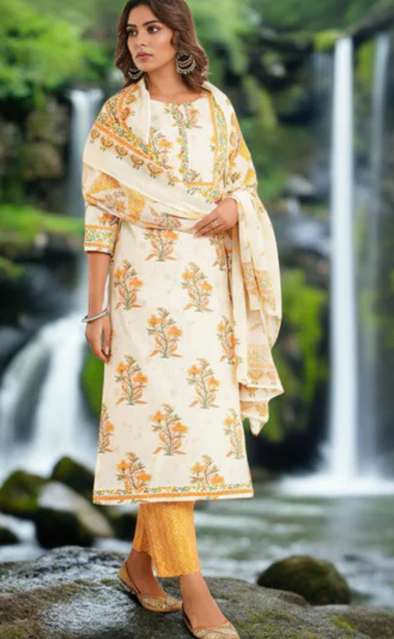 Off White/Mustard Floral Jaipur Cotton Kurti With Pant And Dupatta Set. Pure Versatile Cotton. | Laces and Frills - Laces and Frills