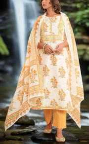 Off White/Mustard Floral Jaipur Cotton Kurti With Pant And Dupatta Set. Pure Versatile Cotton. | Laces and Frills