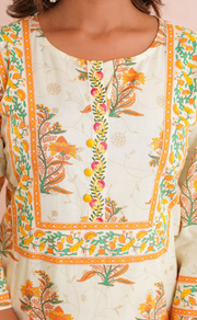 Off White/Mustard Floral Jaipur Cotton Kurti With Pant And Dupatta Set. Pure Versatile Cotton. | Laces and Frills