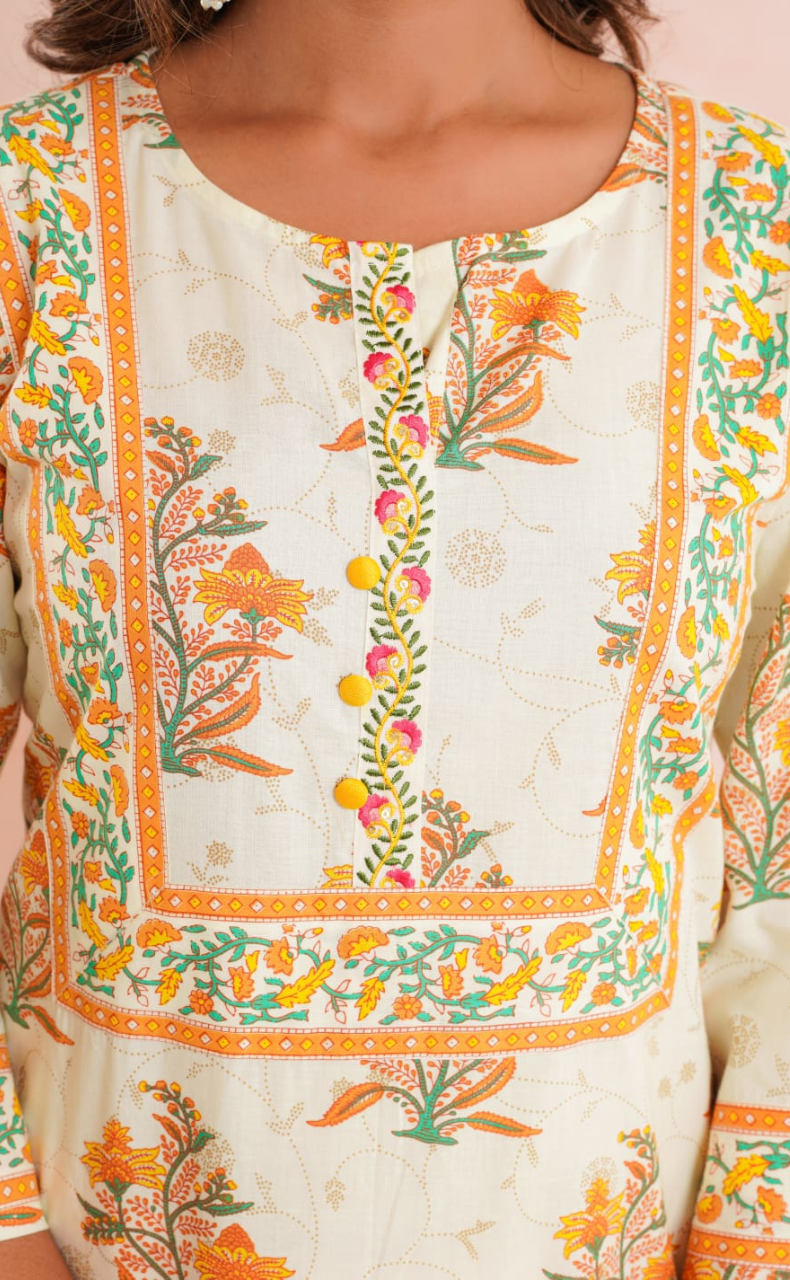 Off White/Mustard Floral Jaipur Cotton Kurti With Pant And Dupatta Set. Pure Versatile Cotton. | Laces and Frills