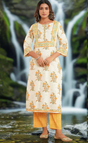 Off White/Mustard Floral Jaipur Cotton Kurti With Pant And Dupatta Set. Pure Versatile Cotton. | Laces and Frills - Laces and Frills