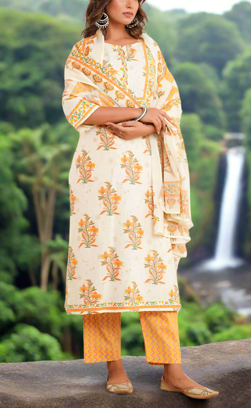 Off White/Mustard Floral Jaipur Cotton Kurti With Pant And Dupatta Set. Pure Versatile Cotton. | Laces and Frills